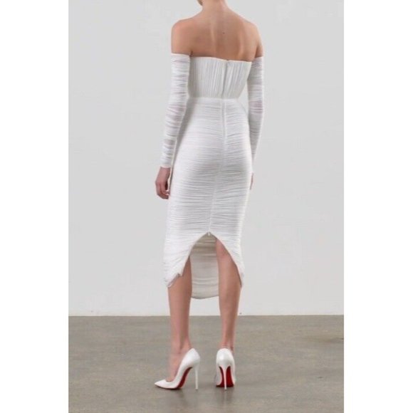 Alex Perry Sterling Ruched Long Sleeve Off Shoulder Dress White - Picture 6 of 8